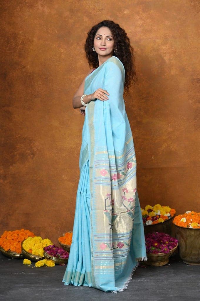 EXCLUSIVE! Handloom Pure Cotton Paithani With Asawali Pallu~Sky Blue view 5