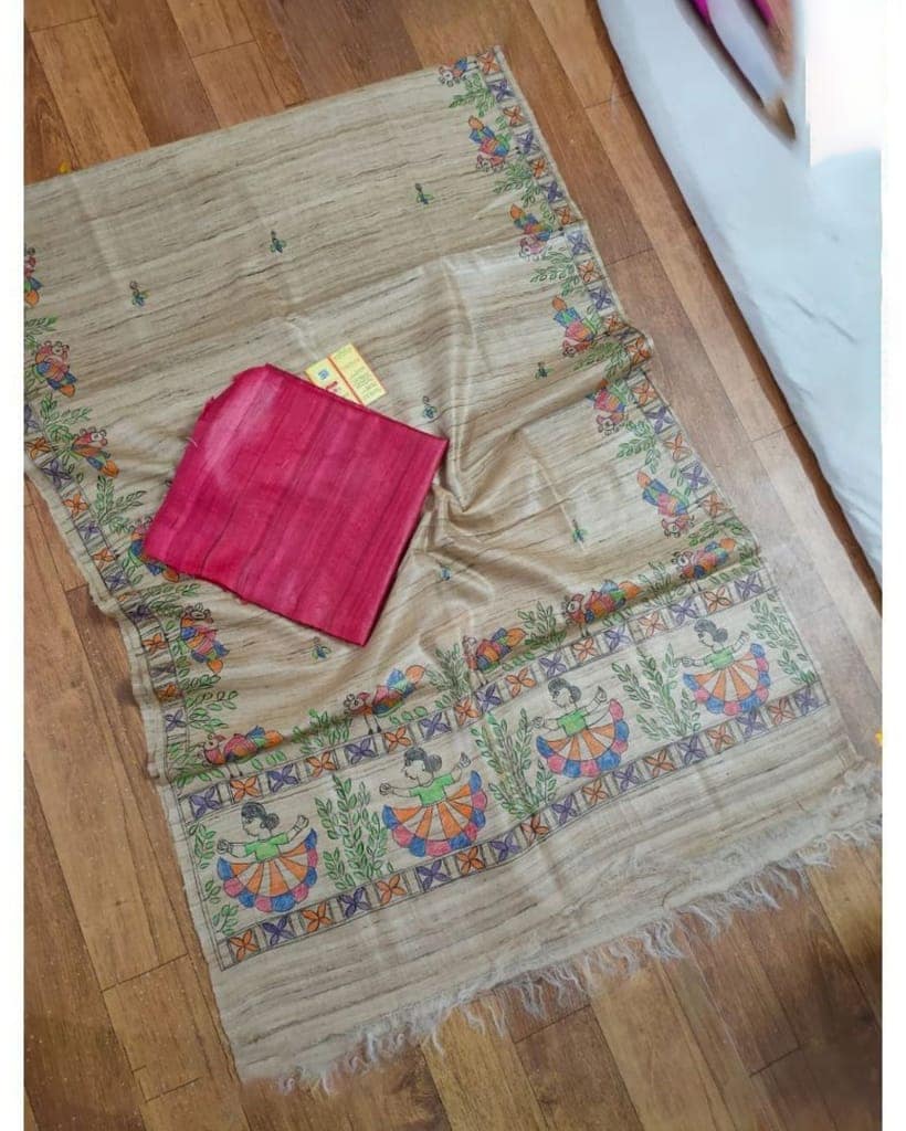 Tussar Silk Madhubani Biege Dupatta and Plain Tussar Silk Pink Top (Tussar by Tussar) Silkmark Certified-4079