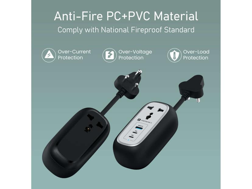Portronics Volt 65 Pro 2 X Type C PD Port, 1 X USB-A Port, 2 X AC Port, 1M Cable Copper Length - Black view 3