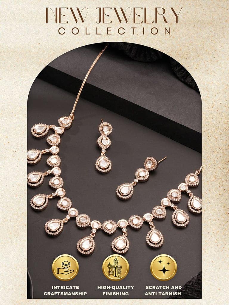 Gold Plated Kundan Polki Studded Designer Bridesmaid Minimal Necklace Jewellery Set view 10