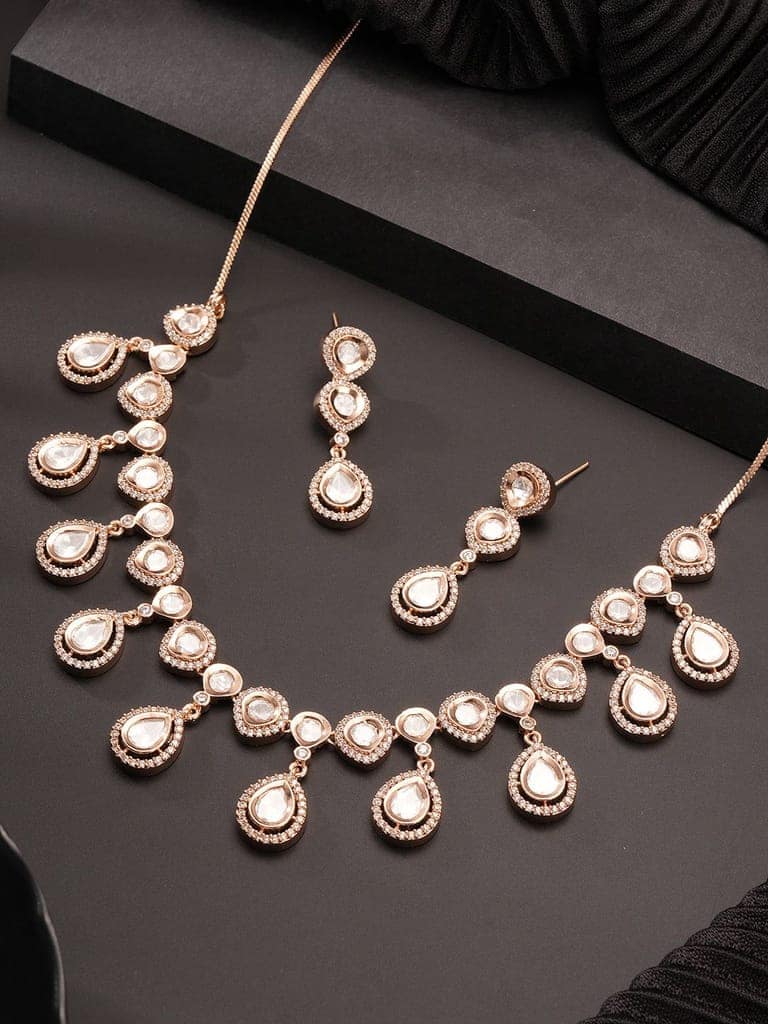 Gold Plated Kundan Polki Studded Designer Bridesmaid Minimal Necklace Jewellery Set view 5