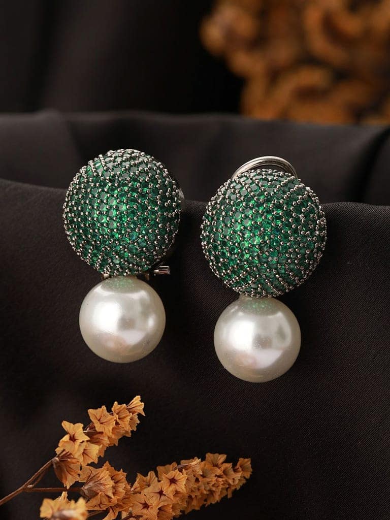 Green AD & Pearl Beaded Designer Luxe Stud Earrings view 2