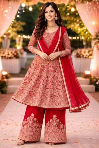 Anarkali Suit Set with Dupatta Royal Red Embroidered .