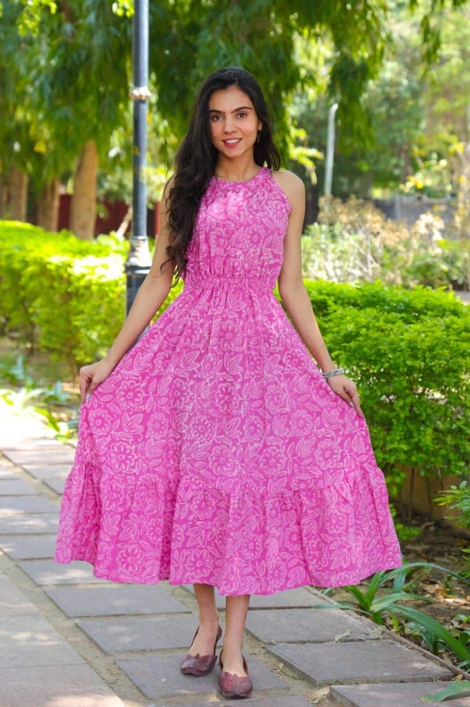 Pure Cotton Halter Neck Midi Pink Dress Hand Block Printed (Size: 38-46)-5514
