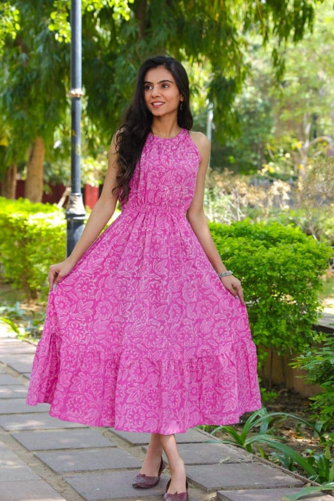 Pure Cotton Halter Neck Midi Pink Dress Hand Block Printed (Size: 38-46)-5514 view 2