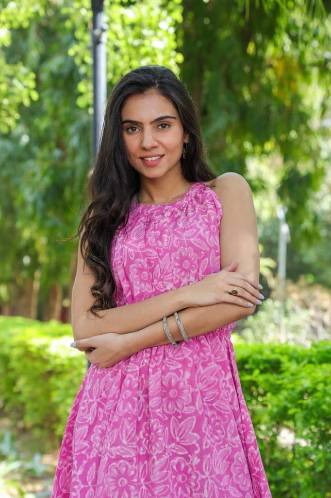 Pure Cotton Halter Neck Midi Pink Dress Hand Block Printed (Size: 38-46)-5514 view 3