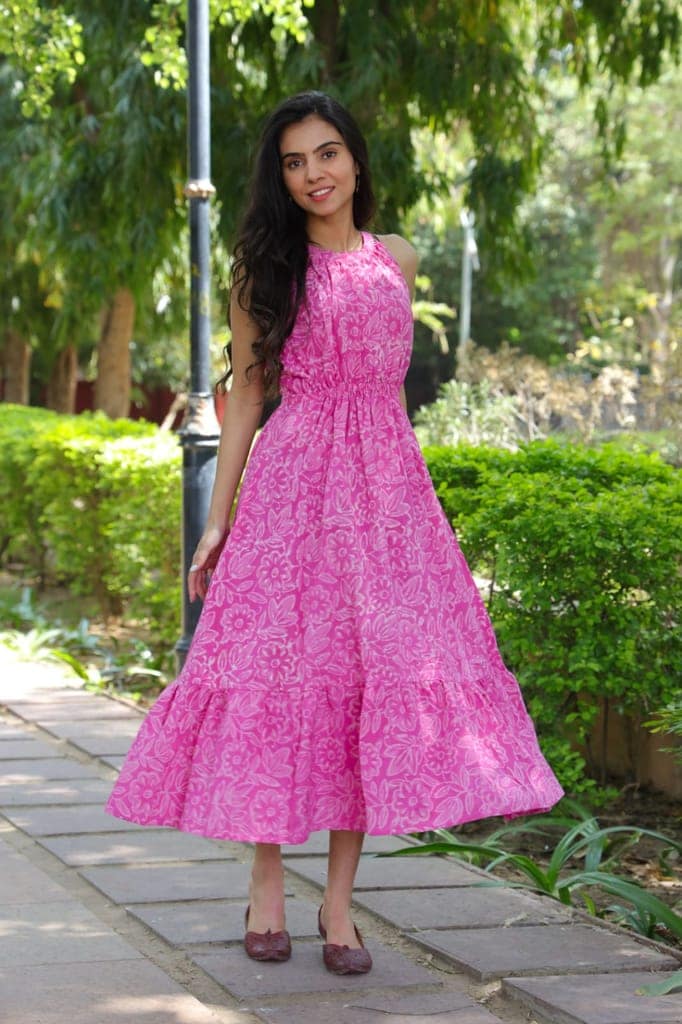 Pure Cotton Halter Neck Midi Pink Dress Hand Block Printed (Size: 38-46)-5514 view 5