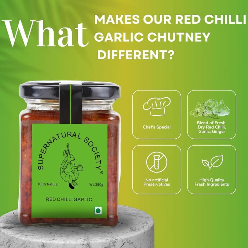 Supernatural Society - Red Chilli Garlic Chutney 280g | Mirch Lahsun Chatni | Hand Made Spicy Sauce | 100% Natural Fiery Flavor with Health Perks view 2