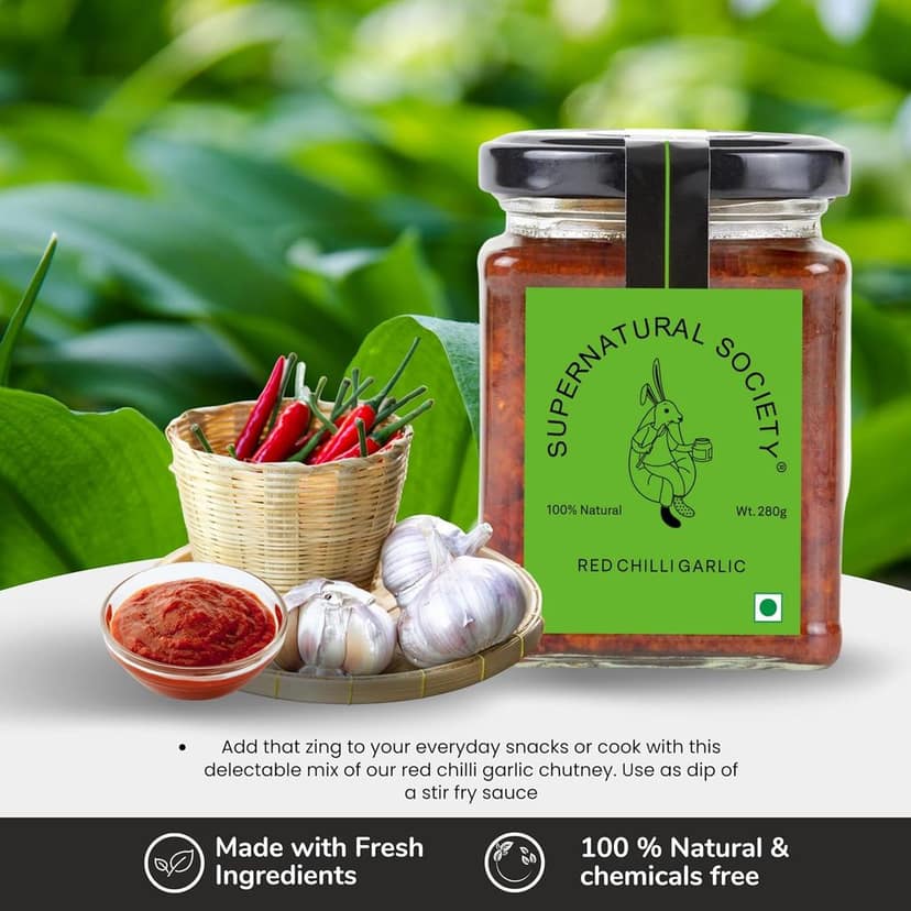 Supernatural Society - Red Chilli Garlic Chutney 280g | Mirch Lahsun Chatni | Hand Made Spicy Sauce | 100% Natural Fiery Flavor with Health Perks view 3
