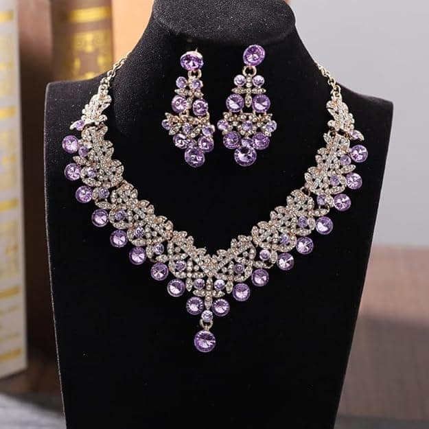 Elegant Gold Plated Purple Rhinestone Necklace & Chandelier Earrings Set view 3