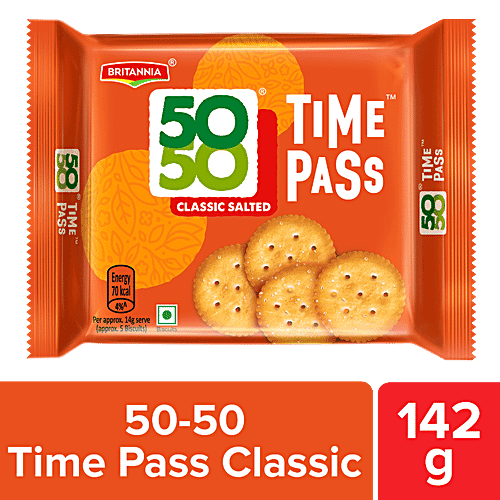 Britannia 50-50 Timepass Classic Salted Biscuit - Light, Crispy, Ready To Eat, 142 g
