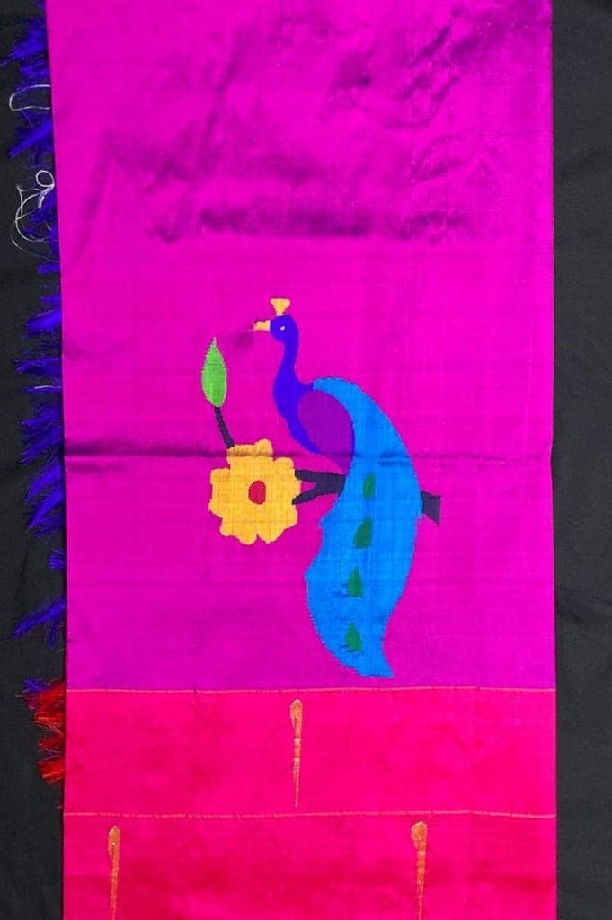 Designed by VMI - Blouse Fabric - Handloom Pure Silk - Fuscia Pink with Peacock Motifs view 2