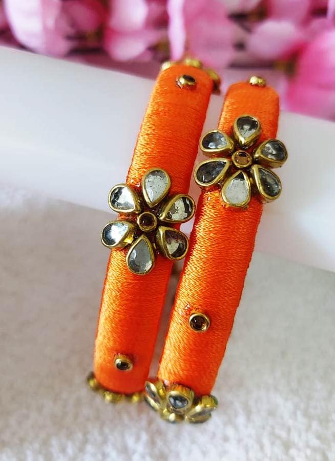 Orange Silk Thread Bangle Set with Kundan Stones view 2
