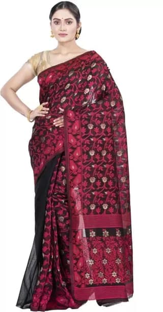 GitAsit Self Design Jamdani Cotton Blend Saree (Maroon)
