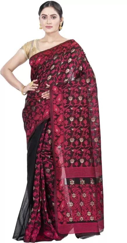 GitAsit Self Design Jamdani Cotton Blend Saree (Maroon)