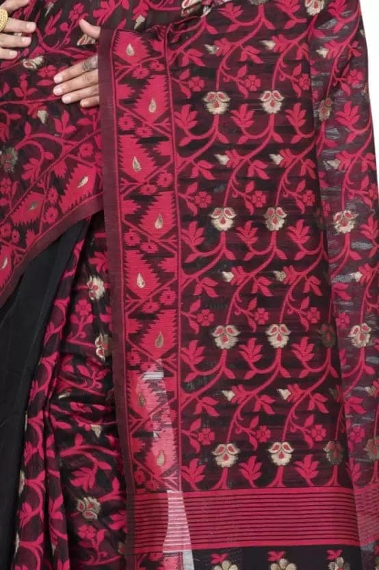 GitAsit Self Design Jamdani Cotton Blend Saree (Maroon) view 2