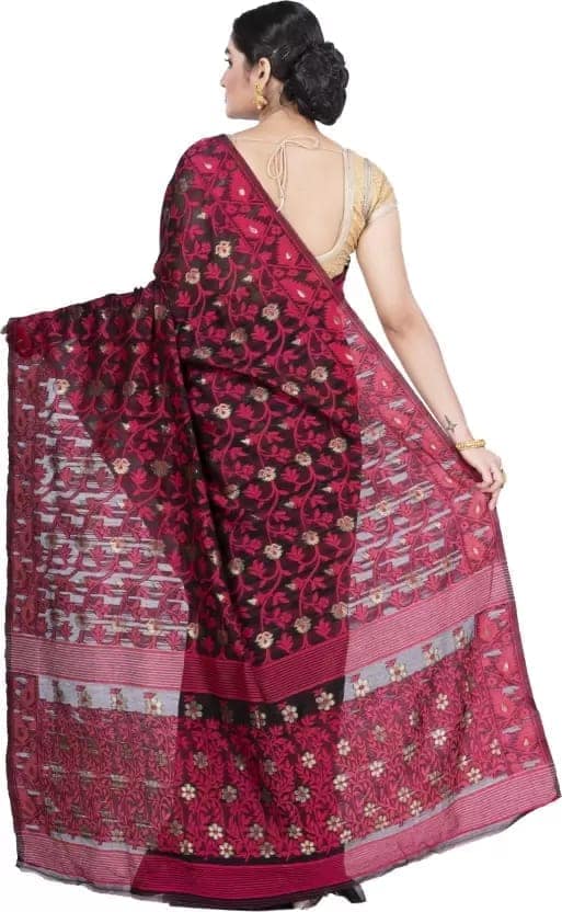GitAsit Self Design Jamdani Cotton Blend Saree (Maroon) view 3