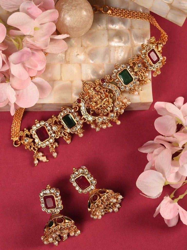 Gold Plated Green & Red stone studded Handcrafted Exquisite Design Lakshmi ji Temple Jewellery Set view 2
