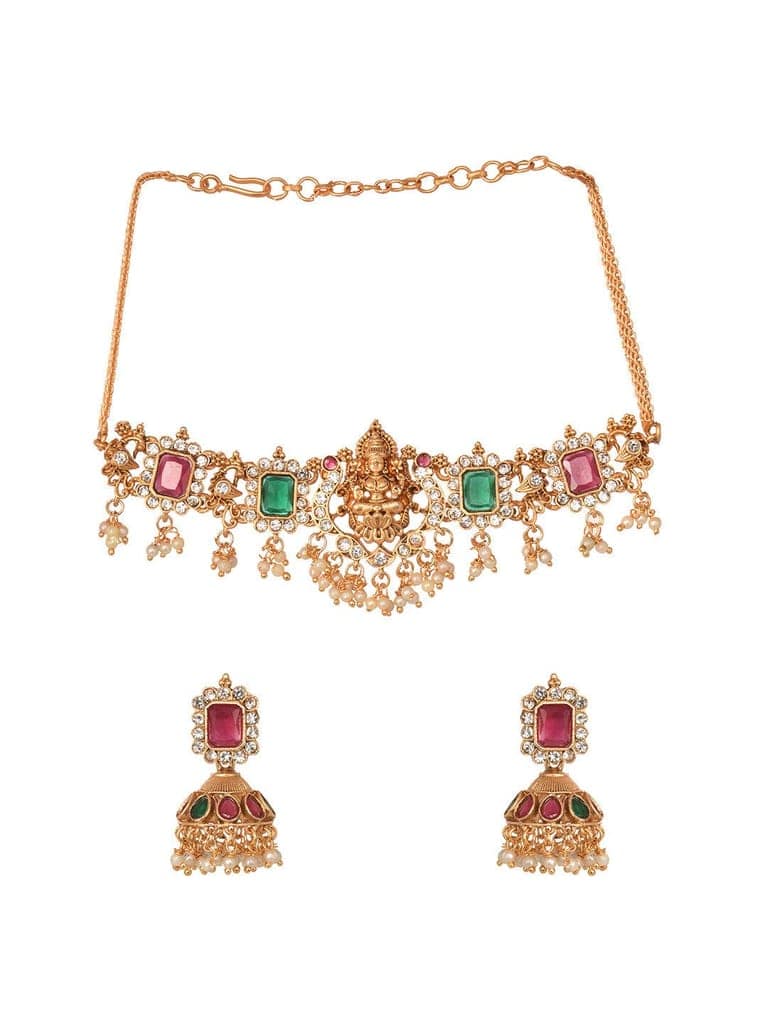 Gold Plated Green & Red stone studded Handcrafted Exquisite Design Lakshmi ji Temple Jewellery Set view 3