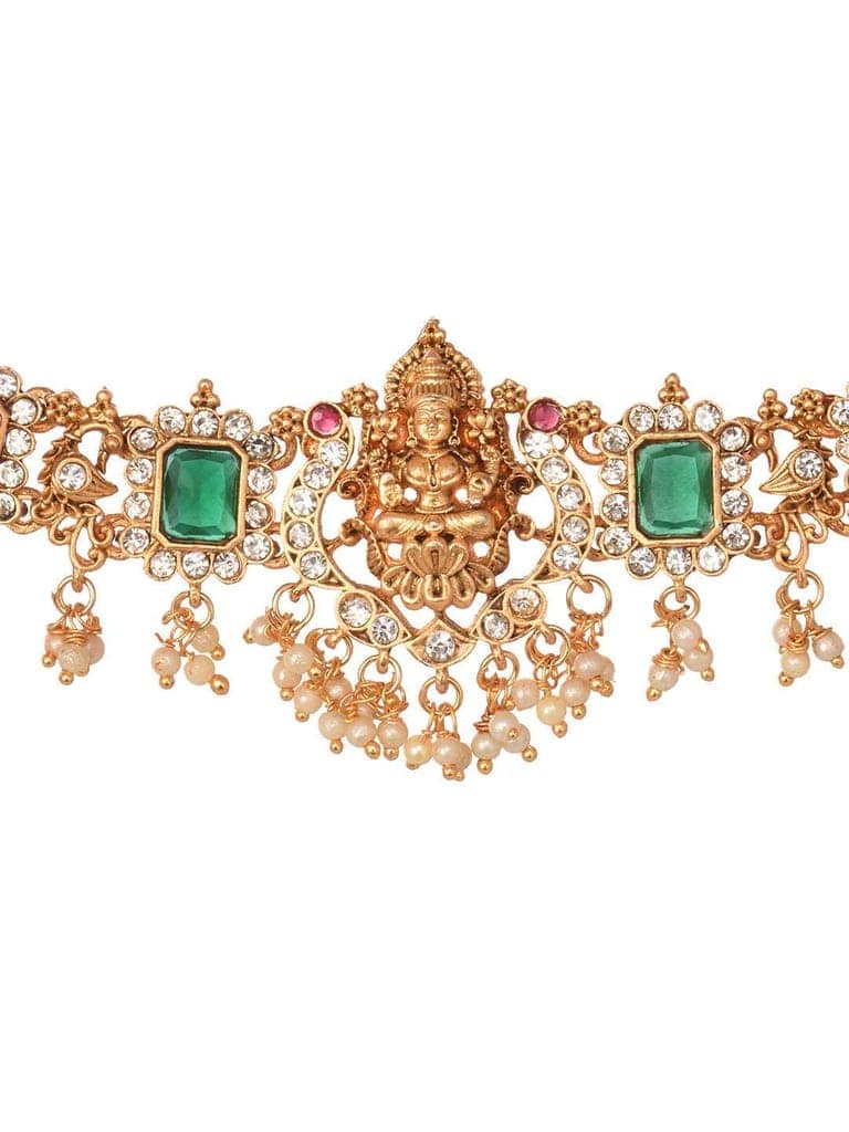 Gold Plated Green & Red stone studded Handcrafted Exquisite Design Lakshmi ji Temple Jewellery Set view 4