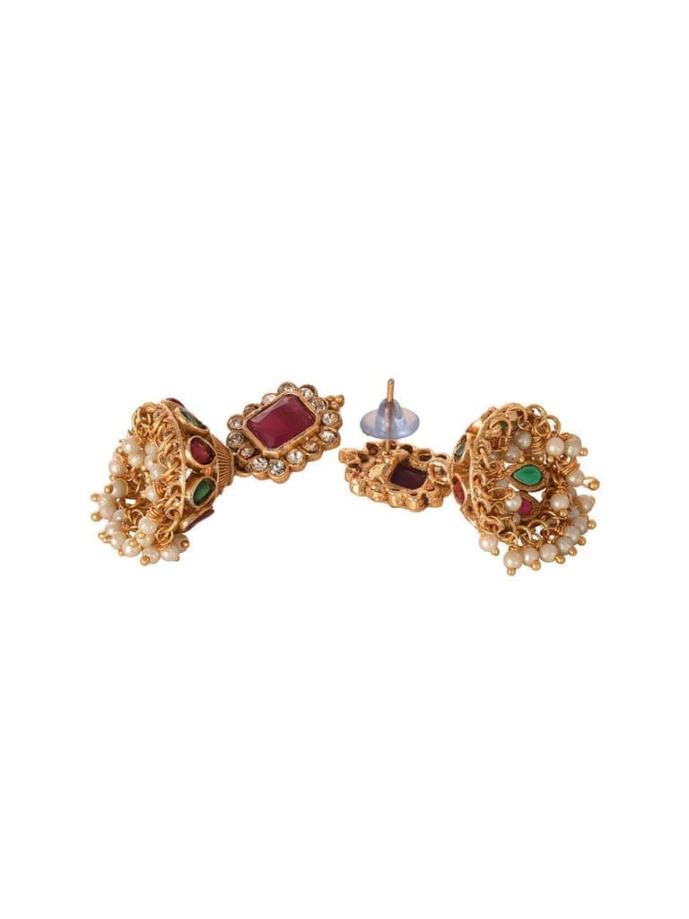 Gold Plated Green & Red stone studded Handcrafted Exquisite Design Lakshmi ji Temple Jewellery Set view 6