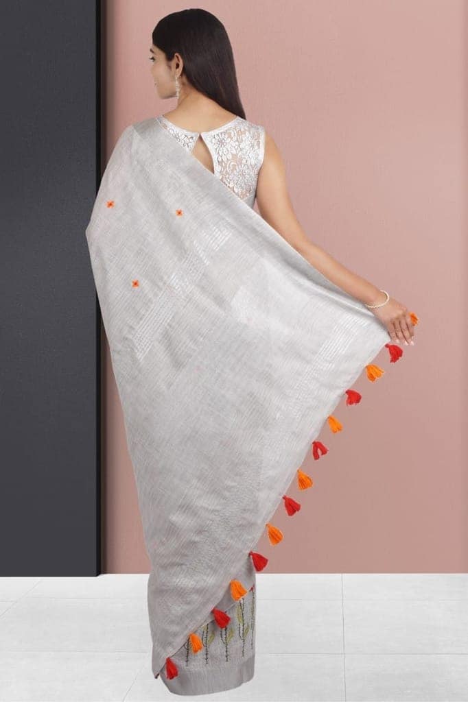 Grey Linen Saree With Modish Work and Resham Border view 2
