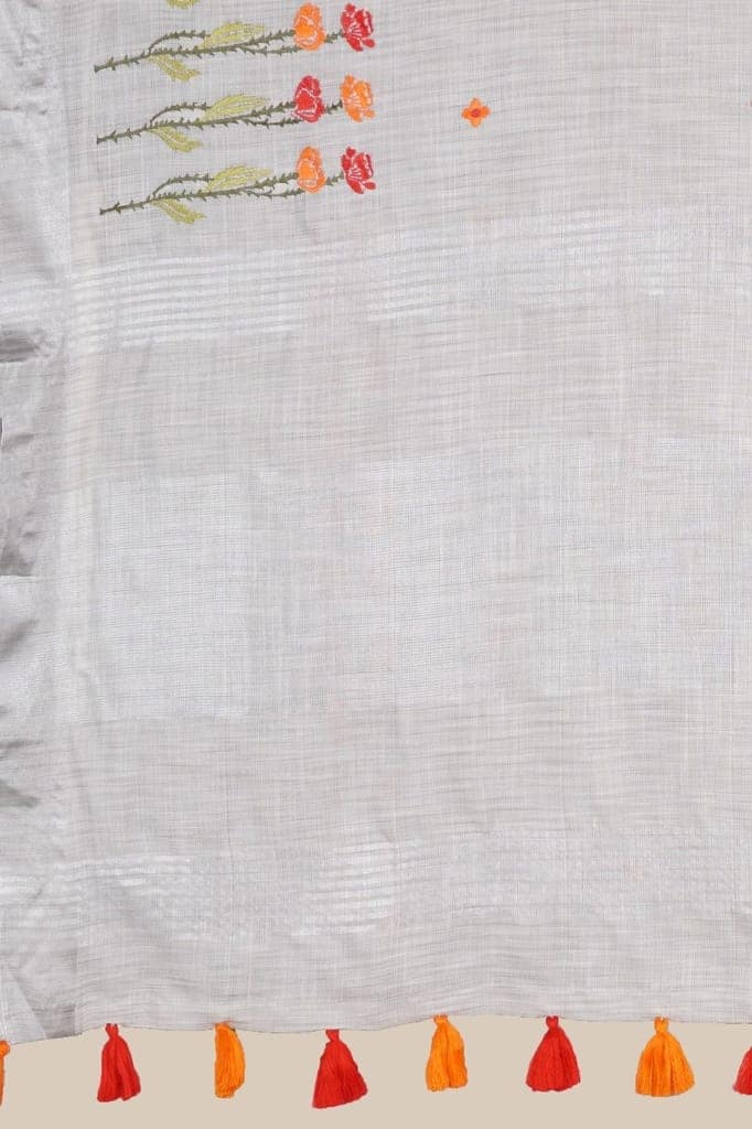 Grey Linen Saree With Modish Work and Resham Border view 4
