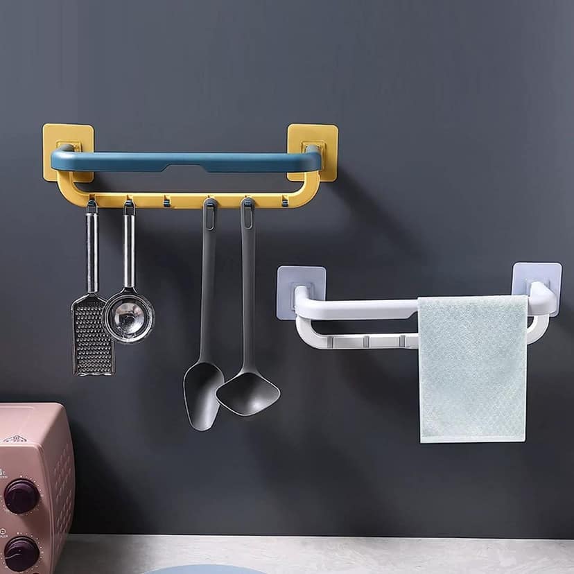 HAPPI Plastic Towel Rack Wall Mounted Double Bar Folding Towel Holder with Hooks Adjustable Towel Hanger for Bathroom Towel Shelf Stand with 4 Adhesive Stickers (Multicolor) view 2