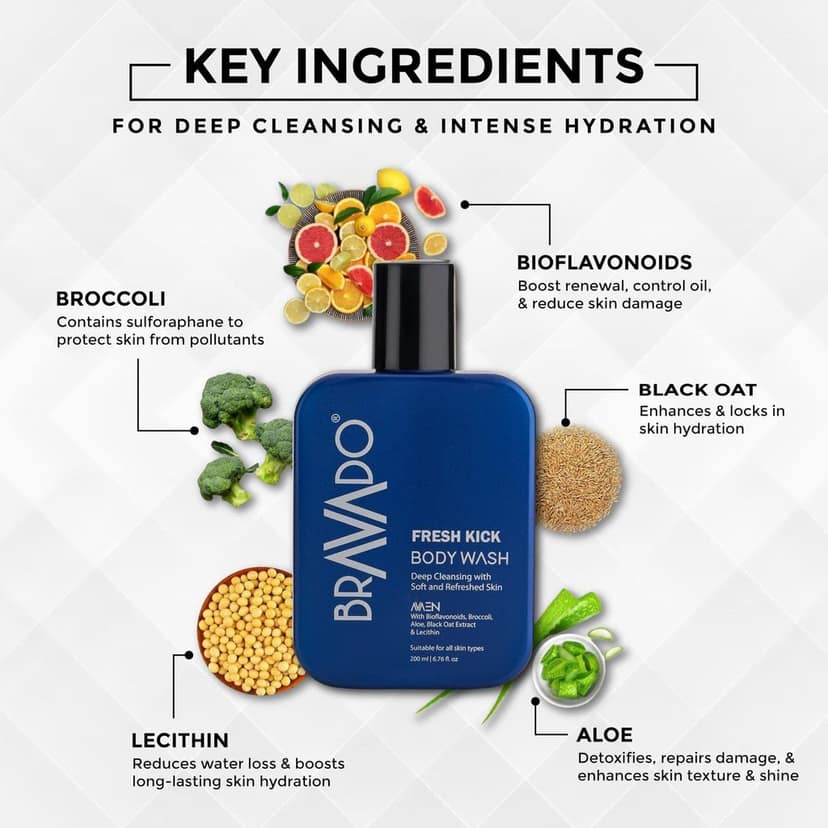 BRAVADO Fresh Kick Body Wash | Deep Cleansing & Moisturizing with Broccoli & Aloe | for Detan, Acne-Prone Skin | Pore Tightening & Refreshing | Shower Gel, Exfoliating Body Wash, Foamy Lather | 200ml view 3