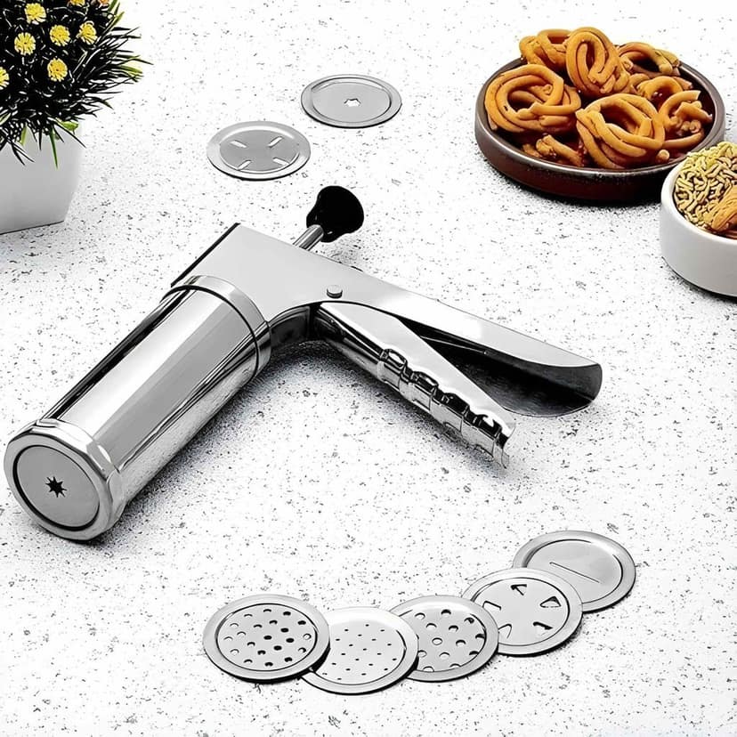 Premium Stainless Steel Sev Sancha Machine | Multipurpose Murukku, Chakli, Bhujia & Snack Maker Press with 15 Interchangeable Jali Discs (Original)