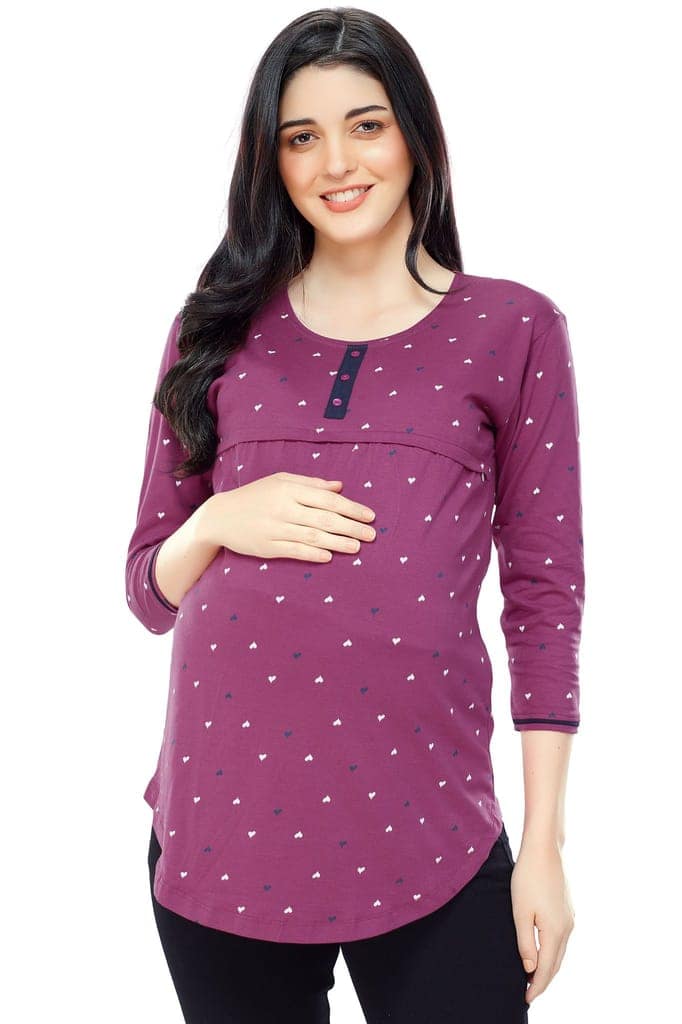 ZEYO Women Cotton Navy Blue Heart Print Maternity & Feeding Top view 5
