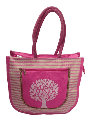 Pink and White Striped Jute Tote Bag with Tree Design