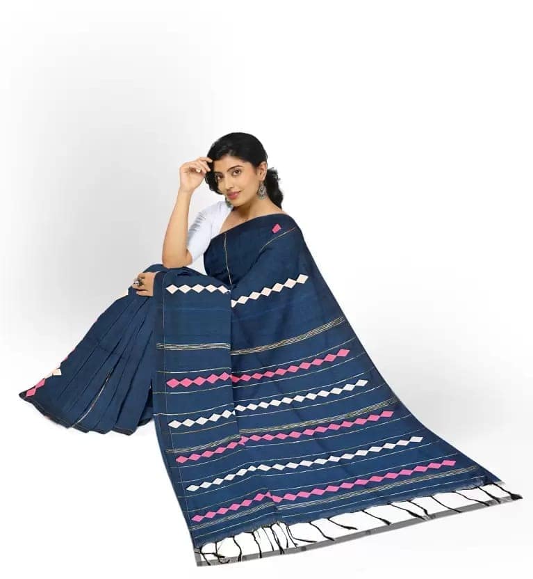 GitAsit Striped Handloom Pure Cotton Saree (Blue) view 2
