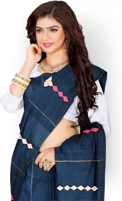 GitAsit Striped Handloom Pure Cotton Saree (Blue) view 3