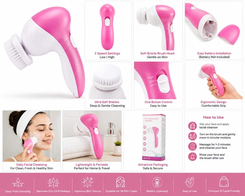 Lifeori Electric Facial Cleansing Brush | Soft Bristle Face Cleaning Brush | Battery Operated Facial Massager | Deep Pore Cleanser view 2