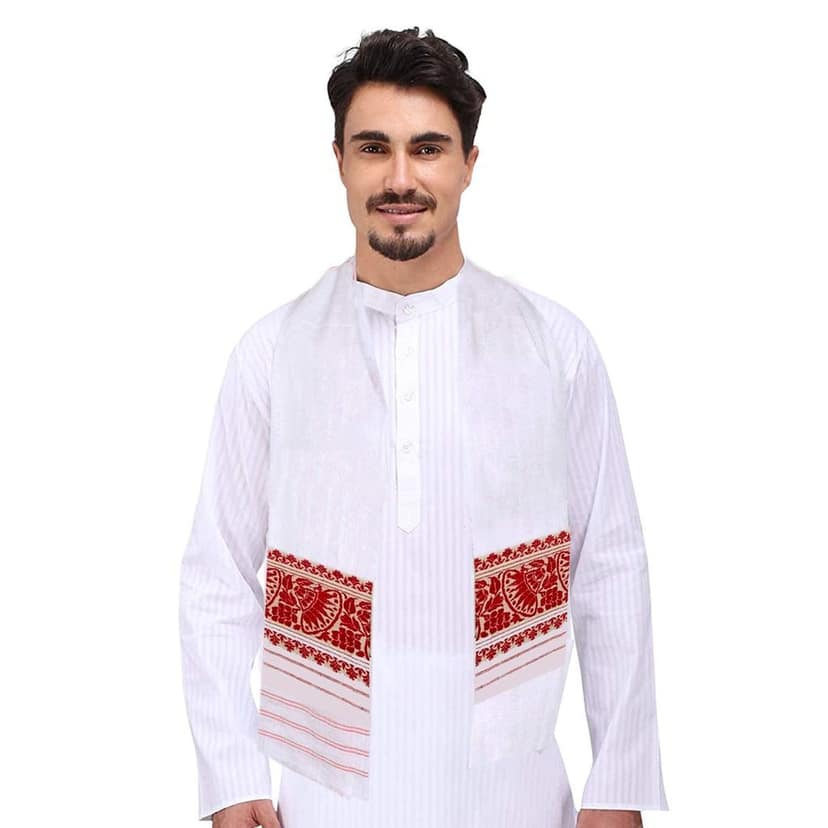 Lafabriqueind Pure Cotton Assamese Gamcha in White Color, Breathable gamcha for Men, Women | Heavy Design 60 GSM Bath Towel | Pack of 1, Size-23x58 inches, Red & White view 2