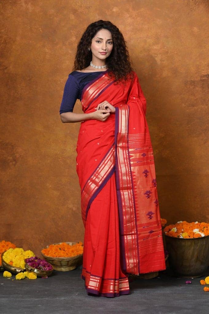 EXCLUSIVE! Handloom Pure Cotton Paithani With Narayali Border & Traditional Heritage Asawali Pallu~Red view 2