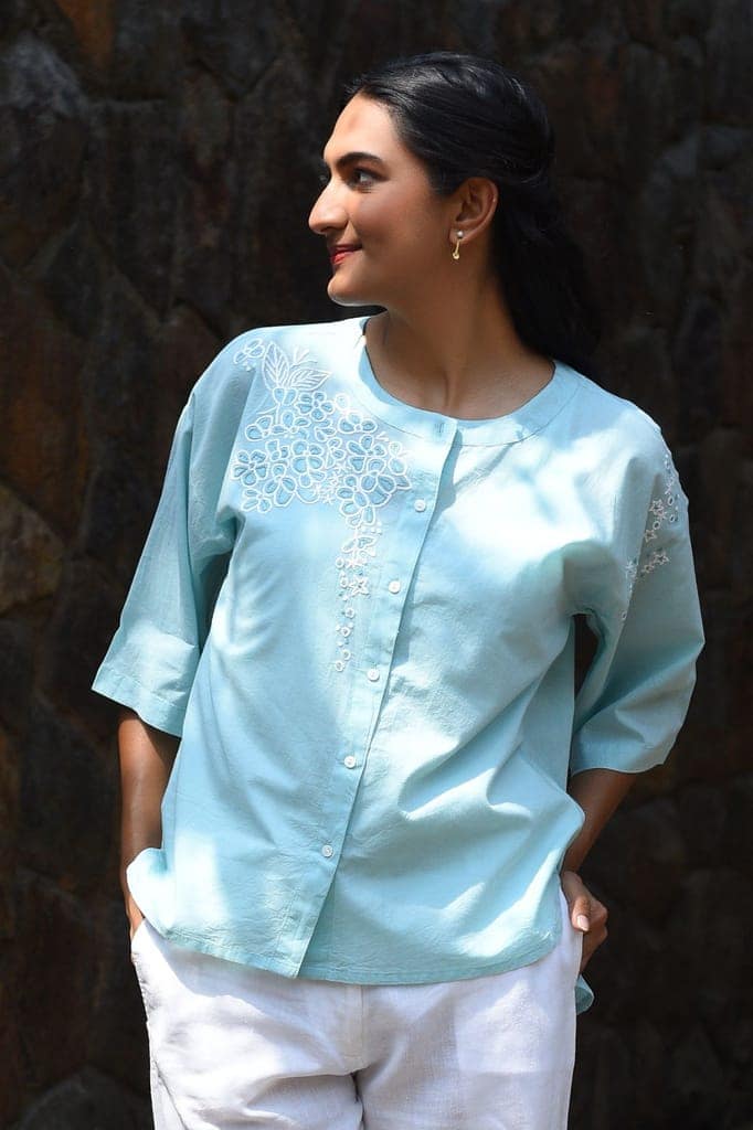 Nargis Blue Kashmiri Crewel Hand Embroidered Cotton Top. view 5