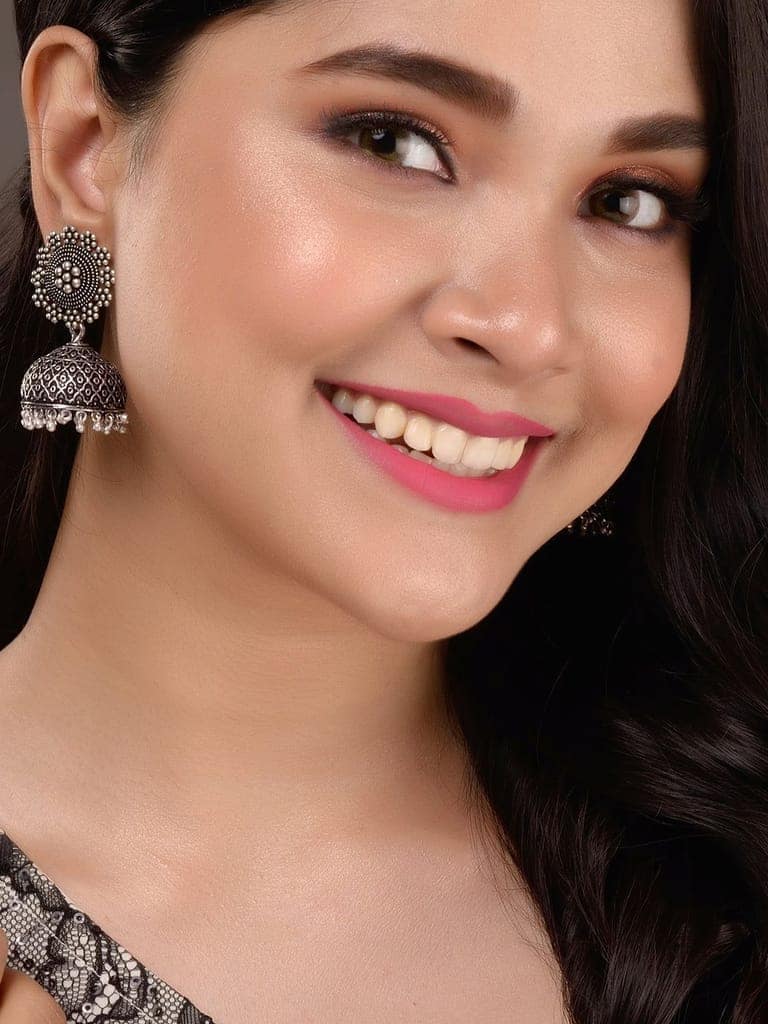 Silver Oxidised Filigree Dome Shaped Jhumka Earrings view 4