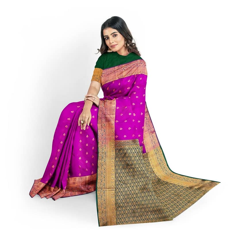 Mulberry with green color 1000 buttas silk saree view 3
