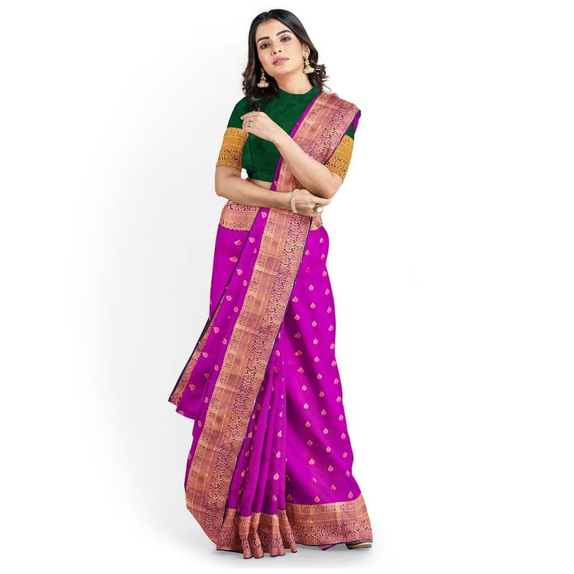 Mulberry with green color 1000 buttas silk saree view 4