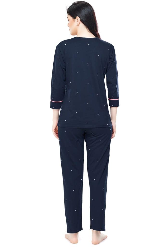 ZEYO Women's Cotton Navy Blue Dot Printed Stylish Night suit set view 3