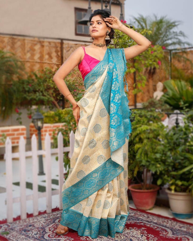 Banarasi Silk Saree Cream Color with Cyan Blue Pallu and blouse-1073 view 2