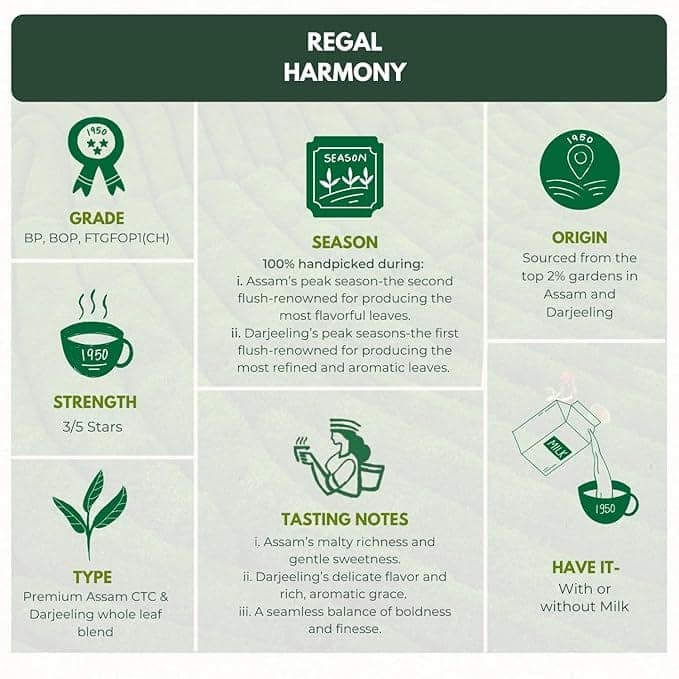 1950 Origins Regal Harmony | Premium Assam-Darjeeling Black Tea |100% Natural Loose Leaf Tea | Pure Assam CTC with Darjeeling Whole Long Leaf Tea | Fresh,Aromatic & Pure | 150g Tin Caddy view 3