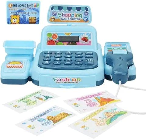 Plastic Pretend Play Cash Register for Kids, with Scanner Sound and Light, Currency Exchange Simulation, Supermarket Role Play Toys for Christmas Birthday view 2