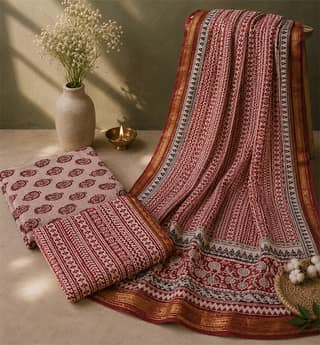 Handcrafted Bagh Print Cotton By Silk 3 Piece Suit Set