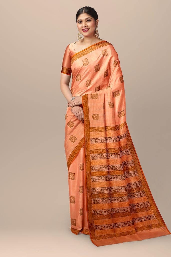Royal Orange Tribal Motif Hand Woven Hand Block Sausar Silk Saree SKU-AS10019 view 2