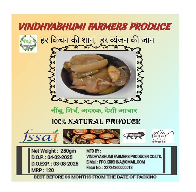 Vindhyabhumi Farmers Produce - Natural Lemon, Chilli, Ginger Pickle 250gm view 2