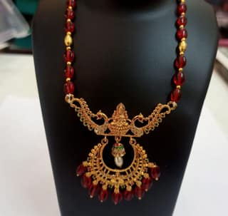 14k Gold Plated Goddess Laxmi Pendant Set with Red Beads Necklace for Women