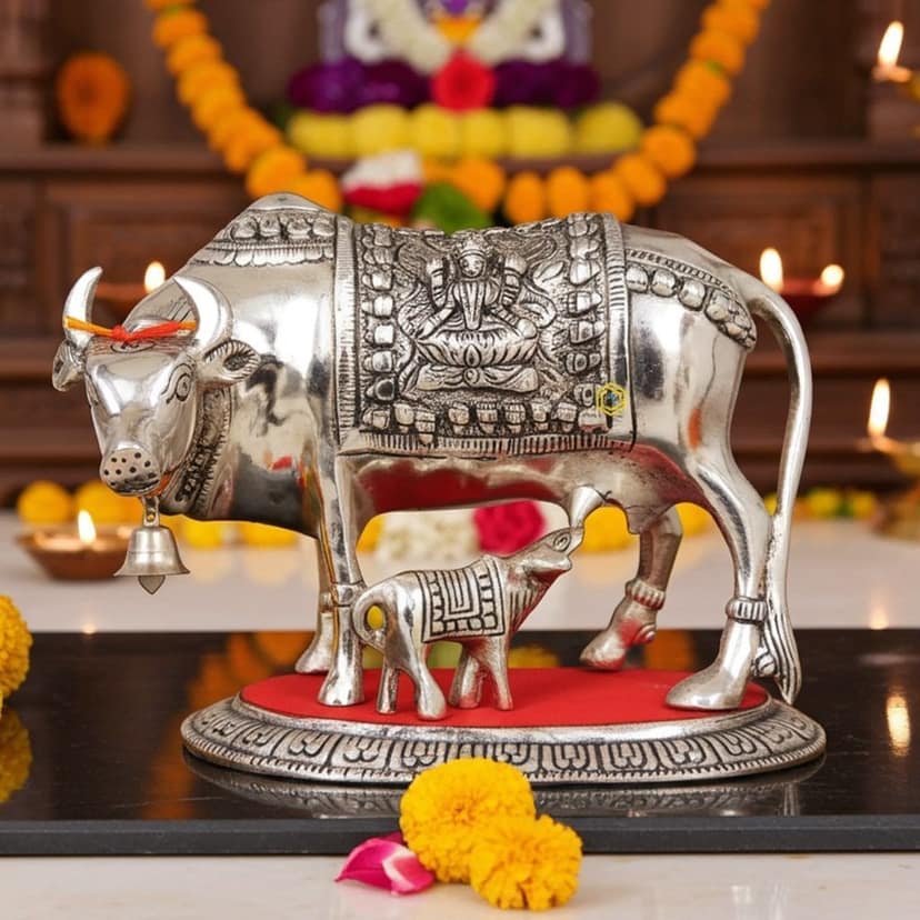 Aluminium Cow & Calf Idol ? Traditional Decorative Piece, Height : 7.5 Inch (ASMAS129 S)